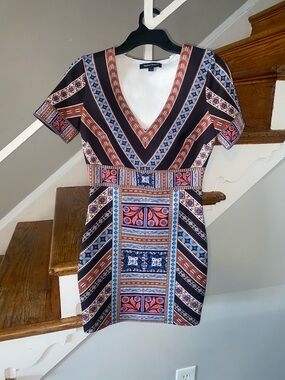 Jealous Tomato Black, Blue & Rust Geometric V-Neck Mini Dress